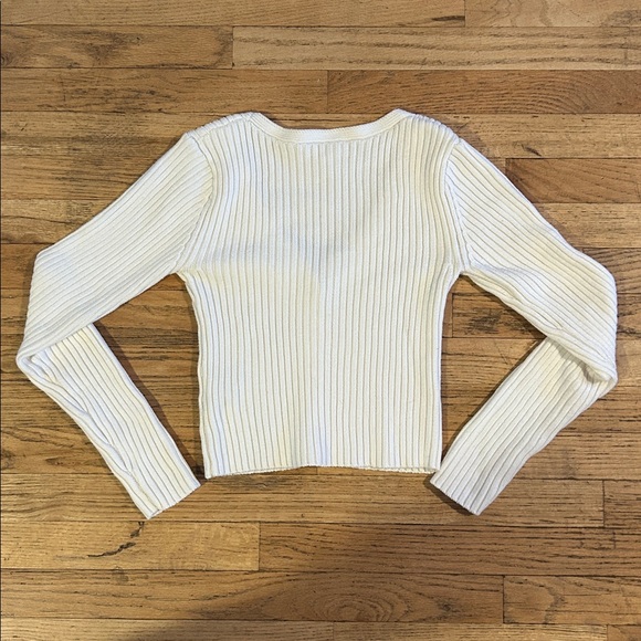 White Ribbed Women's Cropped Cardigan Sweater - Picture 4 of 4